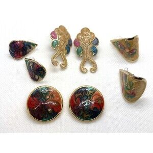 Vintage Lot of 4 Pairs Multicolor Swirl Gold‎ Tone Stud Pierced Earrings 80s 90s